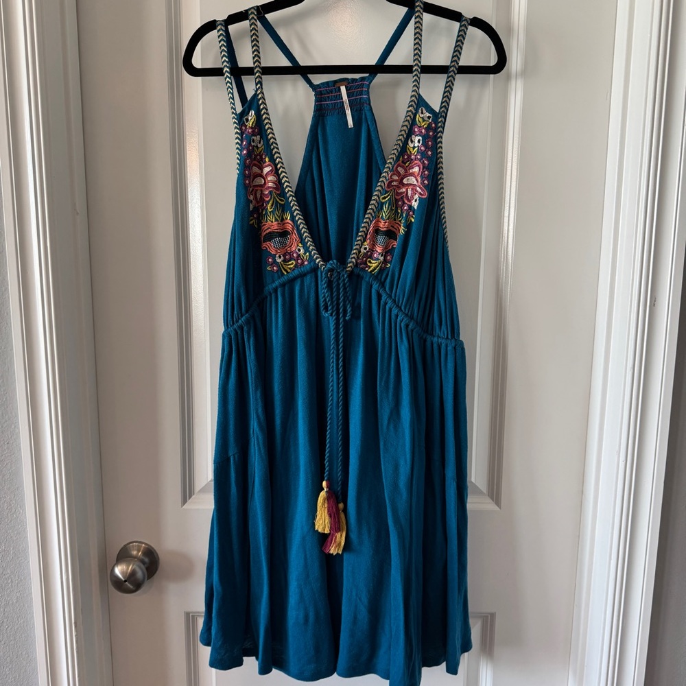 Free People Teal Embroidered Mini Dress